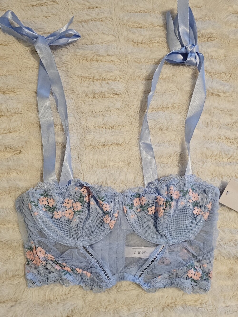 Auden Powder Blue Floral Lace Longline Bralette with Pink Embroidery